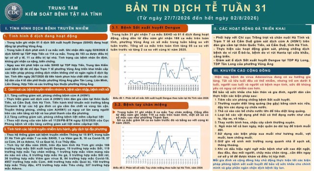 Báo cáo bản tin dịch tễ Tuần 31 (Từ ngày 27/7/2026 đến hết ngày 02/8/2026)